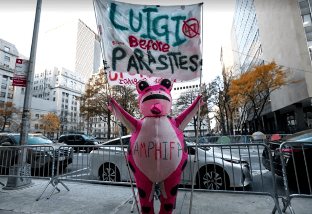 Apoiadores fantasiados se reúnem do lado de fora do tribunal enquanto Luigi Mangione participa de sessão nesta segunda(1º ) | Foto: reprodução/Reuters