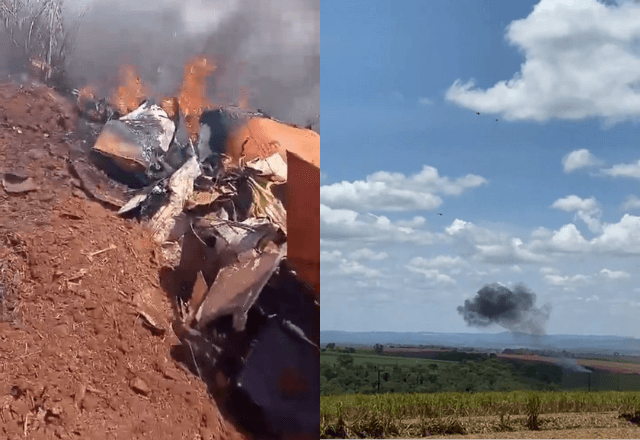 Destroços do avião e fumaça após a queda | Reprodução/Redes sociais
