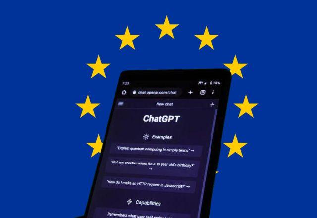 bandeira da união europeia com um celular na frente com chatgpt