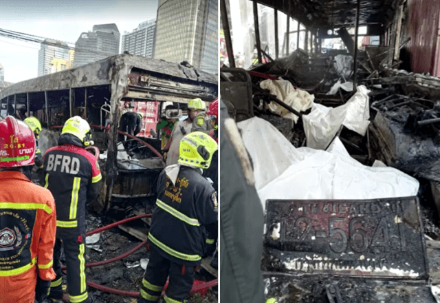 Acidente entre trem e ônibus provocou incêndio em Bangkok | Reprodução/Reuters