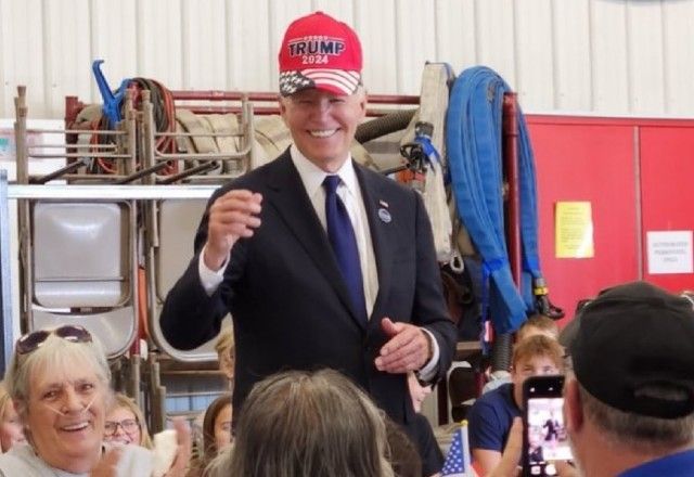 Biden utilizando boné em apoio ao Trump | Reprodução/Redes sociais