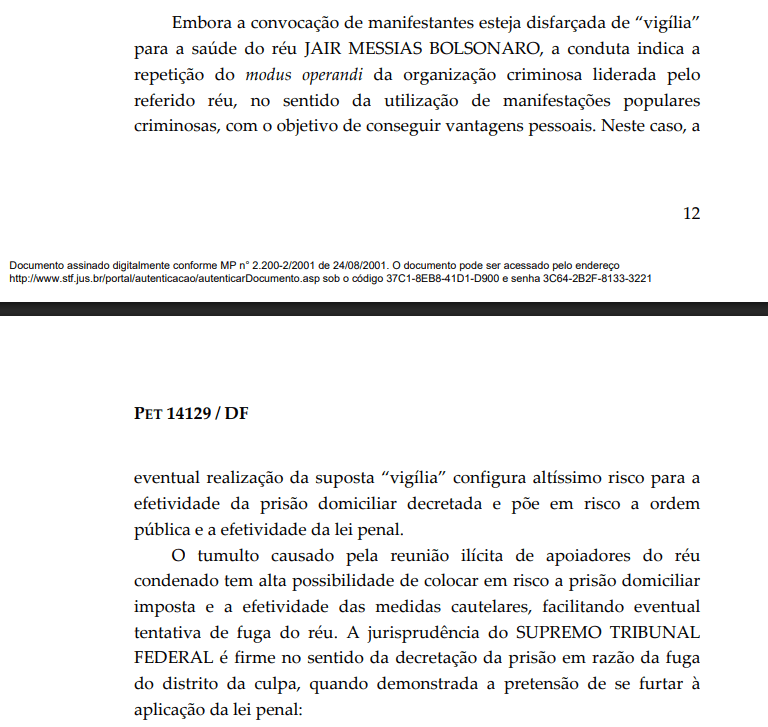 Trecho da decisão do Ministro Alexandre de Moraes na PETIÇÃO 14.129/DF | reprodução/STF