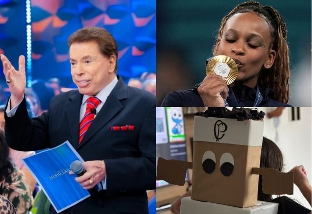 Silvio Santos, Rebeca Andrade e criança com mochila de Memphis Depay, jogador do Corinthians | Alexandre Loureiro/COB - Assessoria SBT - Reprodução/redes sociais
