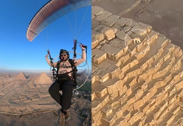 Homem sobrevoa de paramotor e encontra cão caramelo na maior pirâmide do mundo | Reprodução/Alex Lang