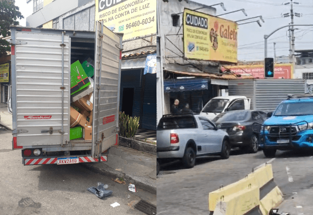 Caminhão com produtos roubados bateu em um bar e um carro ao fugir da polícia | Reprodução