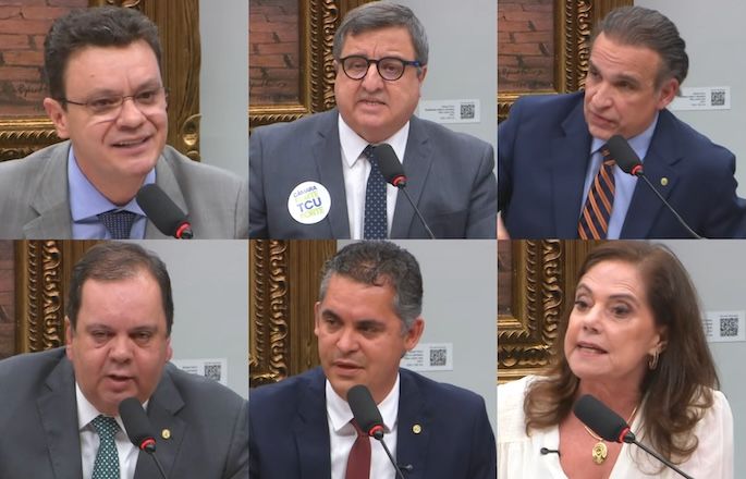Em cima, Odair Cunha (esq.), Danilo Forte (centro) e Hugo Leal (dir.); embaixo, Elmar Nascimento (esq.), GIlson Daniel (centro) e Soraya Santos (dir.) | Reprodução/YouTube