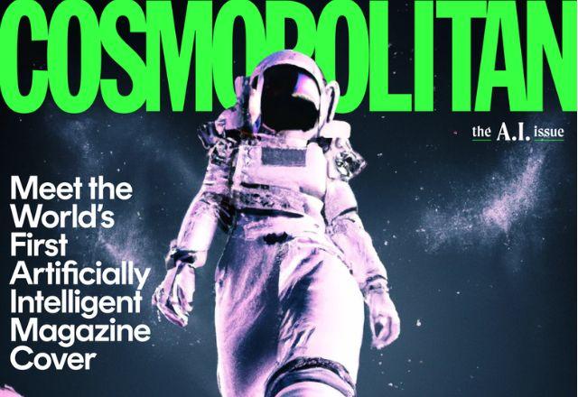 capa da revista cosmopolitan que foi criada por um software de inteligencia artificial -- na imagem é uma astronauta andando na lua