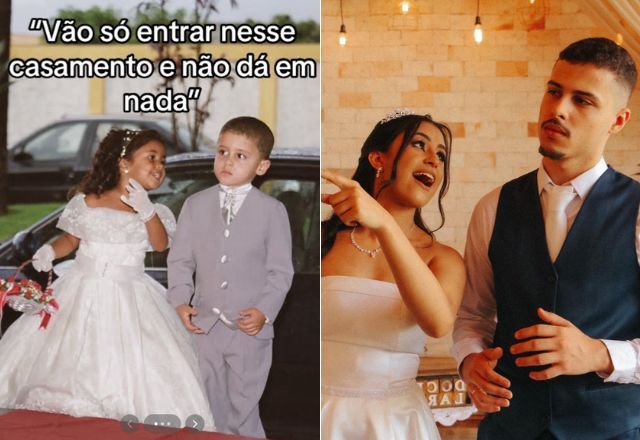 Heloísa e Samuel na infância, como daminha e pajem, e em casamento realizado em 2023 | Reprodução