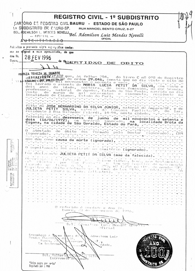 Certidão de óbito de Maria Lúcia Petit foi emitida pela primeira vez em 1996 | Reprodução/CEMDP