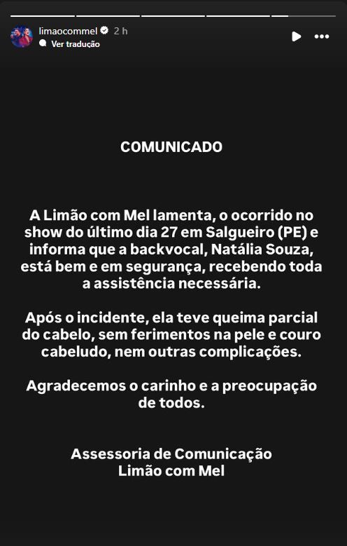 Comunicado da banda Limão com Mel sobre o incidente | Reprodução/Instagram