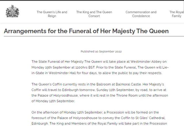 comunicado oficial que informa detalhes sobre o protocolo do funeral de elizabeth 2