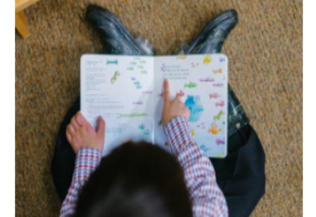 criança pequena lendo livro em creche