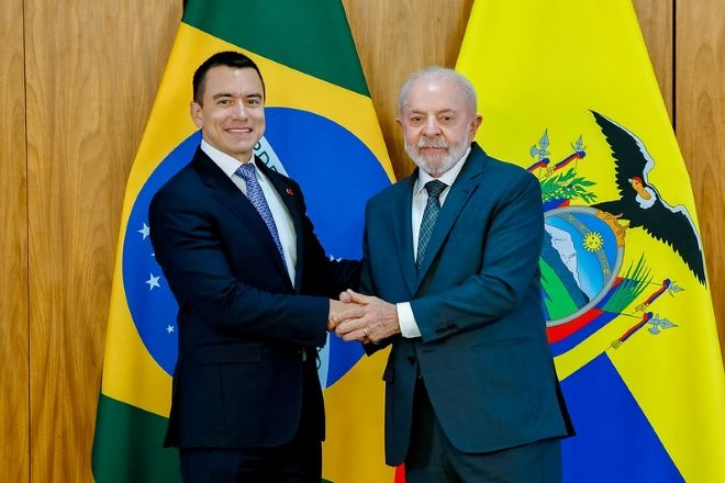 O presidente do Equador, Daniel Noboa, e o presidente Lula em encontro no Palácio do Planalto, em Brasília | Ricardo Stuckert/PR