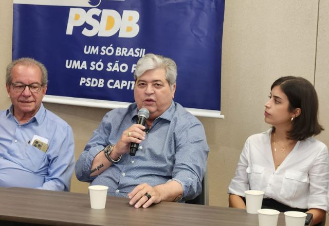Datena, Tabata Amaral e José Anibal durante filiação do apresentador ao PSDB | SBT