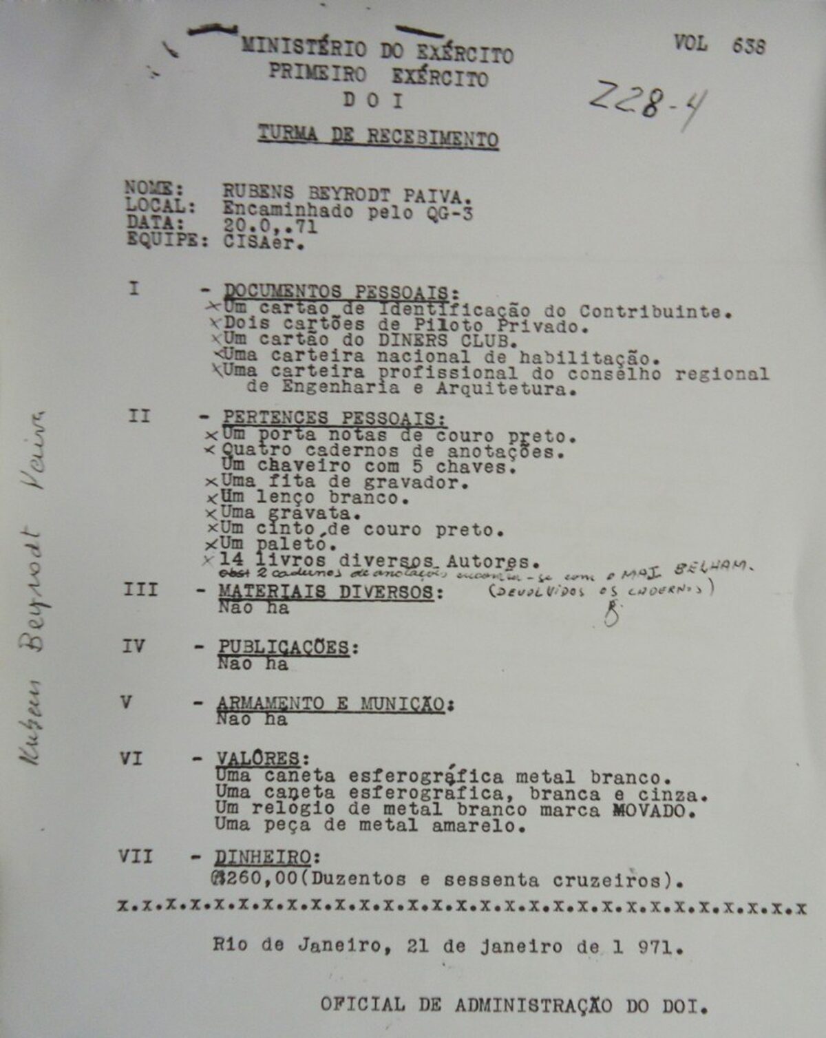 Ficha registrou a entrada de Rubens Paiva e a apreensão de documentos e pertences dele | Reprodução/Comissão da Verdade do Estado de São Paulo