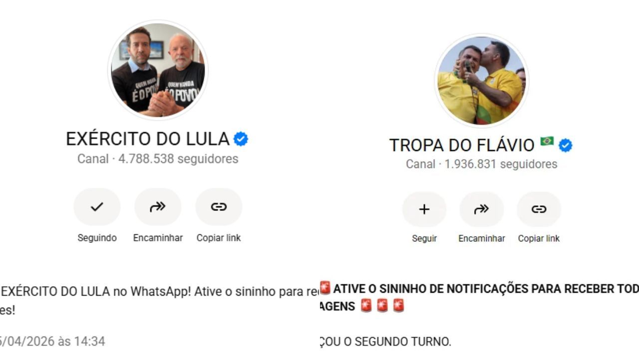 Canais "Exército do Lula" e "Tropa do Flávio" mobilizam seguidores no WhatsApp | Reprodução