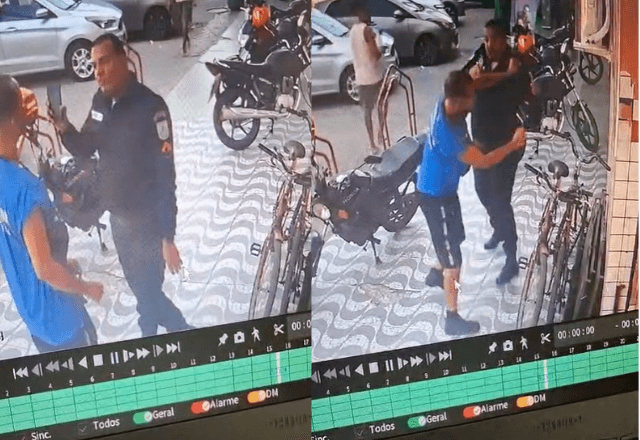 Imagens de câmeras de segurança flagraram momento em que falso PM agride ex-companheiro da namorada dele| Reprodução