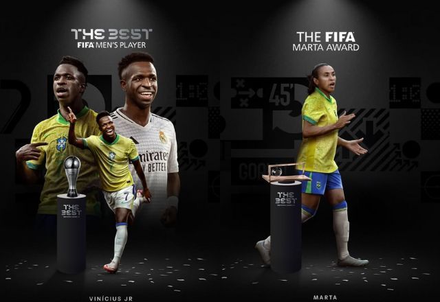 Vinicius Júnior e Marta vencem premiações da FIFA | Reprodução/FIFA