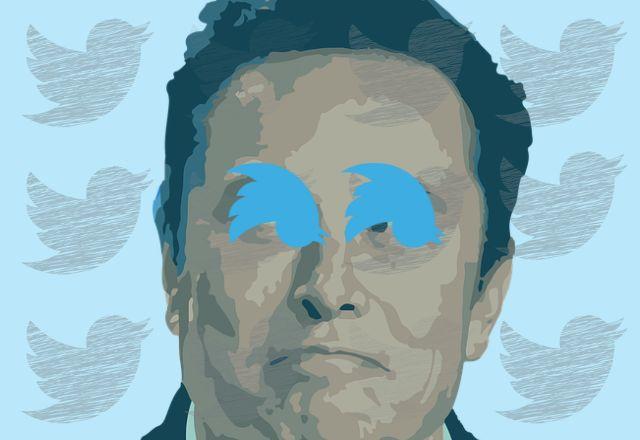 foto artistica de elon musk com logo do twitter apagando ao fundo por causa da saida dos funcionarios