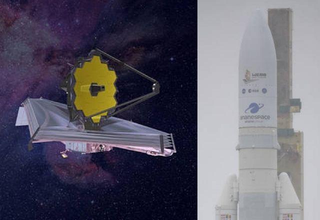 foto do telescópio espacial james webb e do foguete ariane 5