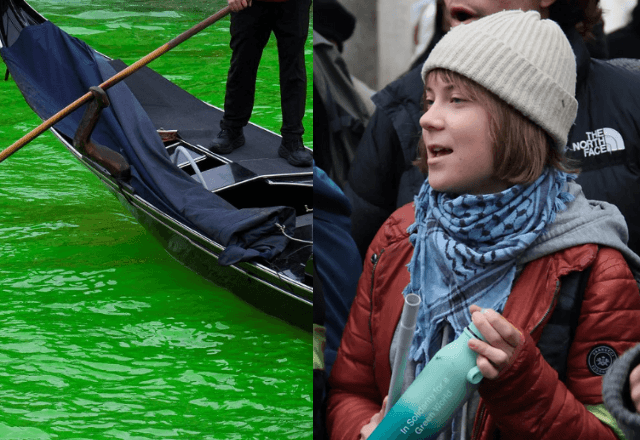 Água foi tingida com corante ecológico em manifestação sobre combustíveis fósseis. | Montagem/X