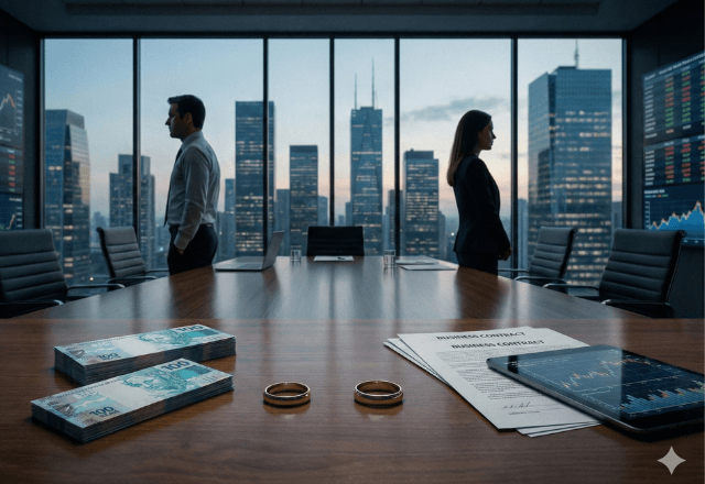 Casal dentro de uma empresa com alianças na mesa | Imagem gerada por IA