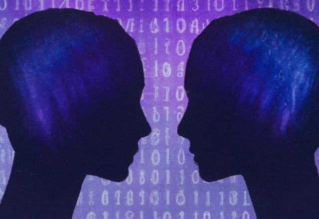 imagem de duas cabeças em frente a uma parede de algoritmos, imagem gerada por inteligencia artificial