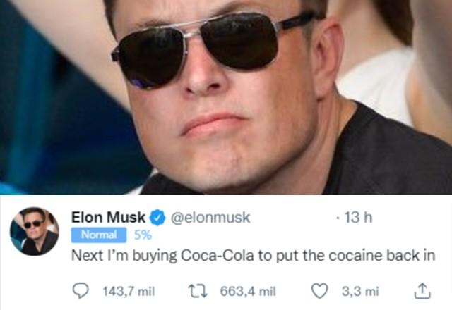 imagem de elon musk e o comentario em ingles sobre colocar cocaina na coca cola