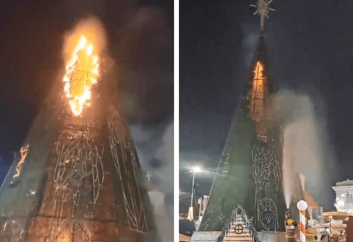 Incêndio atinge árvore de Natal na praça do Palácio Rio Branco, no Acre