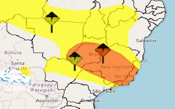 Alerta laranja para chuvas em parte do Sudeste e do Centro-Oeste. |Reprodução/Inmet