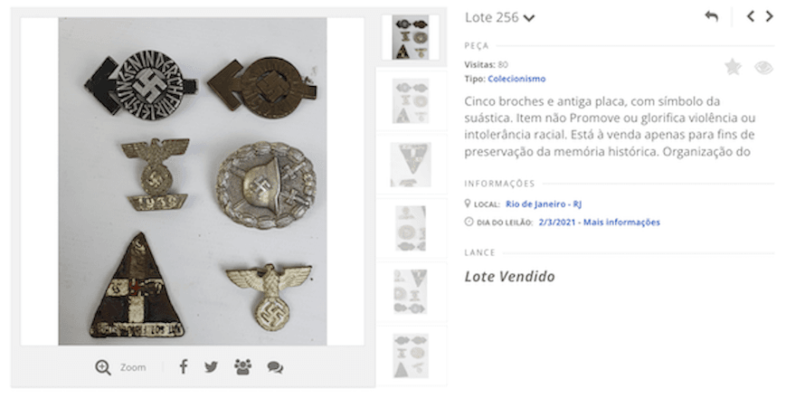 Página mostra broches nazistas vendidos em página de leilão | Reprodução