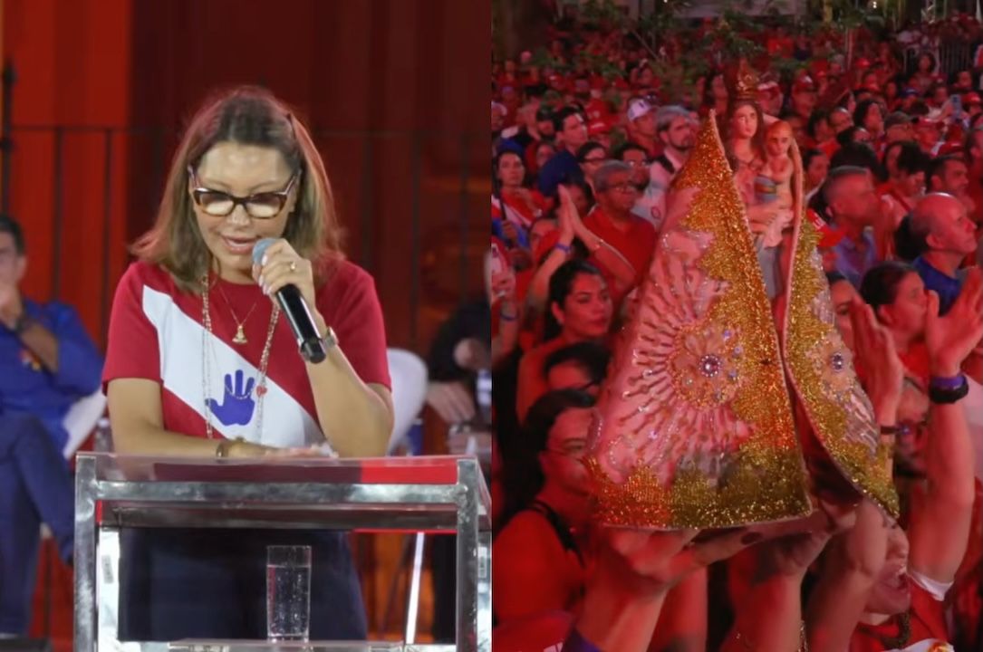 A primeira-dama Janja e a imagem de Nossa Senhora de Nazaré durante comício de Lula em Belém | Reprodução
