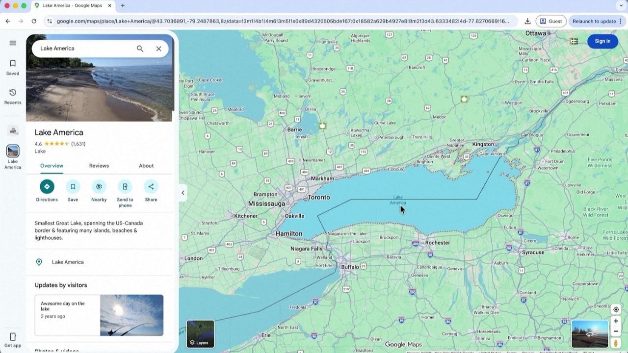 Google Maps muda nome do Lago Ontário para usuários nos EUA | Reprodução/Google