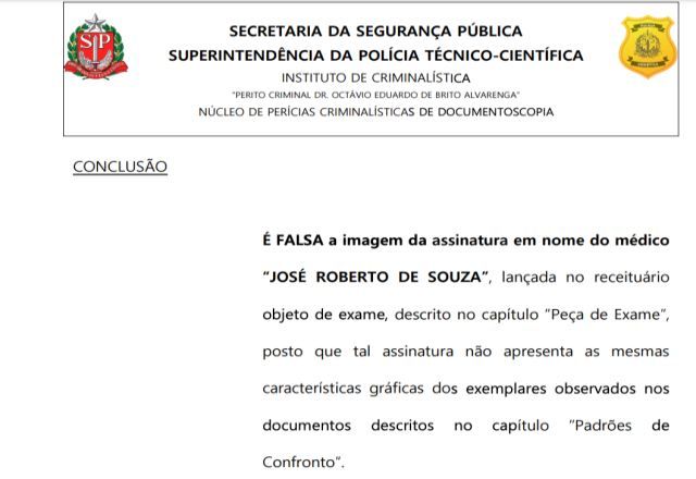 Trecho de laudo doIC de SP que aponta falsidade em documento.