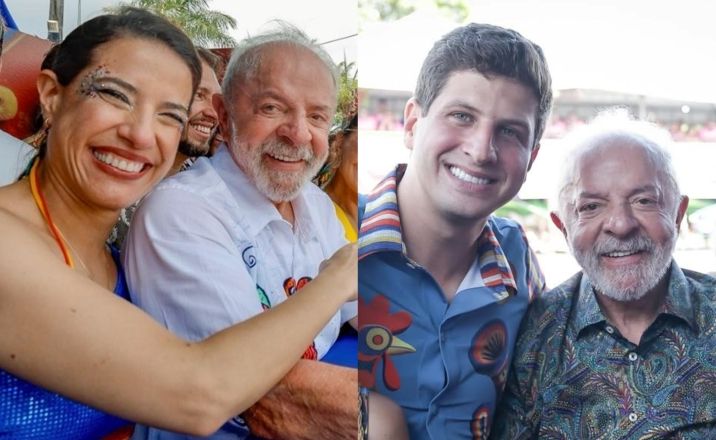 O presidente Lula com a governadora de Pernambuco, Raquel Lyra (à esquerda), e o prefeito do Recife, João Campos (à direita), no bloco Galo da Madrugada | Reprodução/Redes Sociais