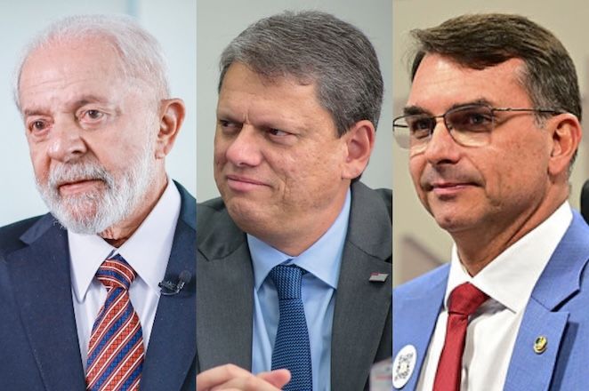 O presidente Lula (esq.), o governador Tarcísio de Freitas (centro) e o senador Flávio Bolsonaro (dir.) | Ricardo Stuckert/PR - Divulgação/Governo de São Paulo - Flávio Bolsonaro/Flickr