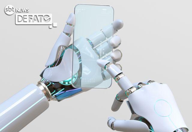 maos de robos mexendo em um smartphone, em arte conceitual