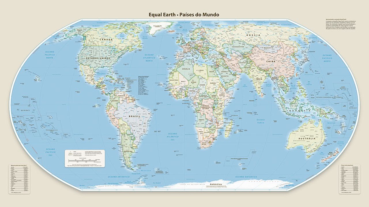 Mapa-múndi na projeção Equal Earth, que representa as áreas dos continentes em proporções mais próximas das reais | Crédito: Tom Patterson/Equal Earth