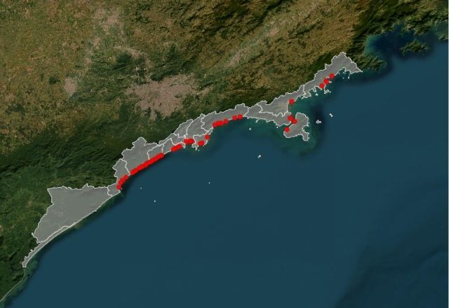 Mapa com localização das praias impróprias | Divulgação/Cetesb