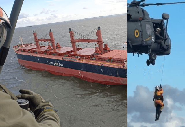 Navio Mercante turco Haci Ali Sari e, ao lado, cena do regate | Divulgação/Marinha