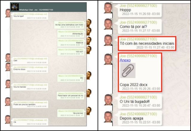 Mensagens de 15 de novembro de 2022 de Mauro Cid e kid preto major Rafael Oliveira sobre gastos. (Crédito: Reprodução)