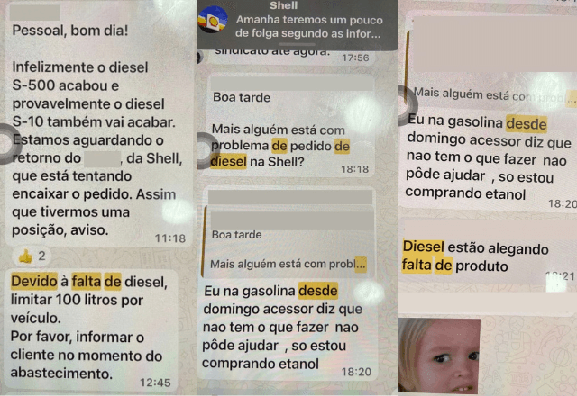 O SBT News teve acesso a diversas mensagens de proprietários de postos de combustíveis da bandeira Shell em grupos de WhatsApp nas quais relatam dificuldade para encomendar diesel e gasolina | Reprodução