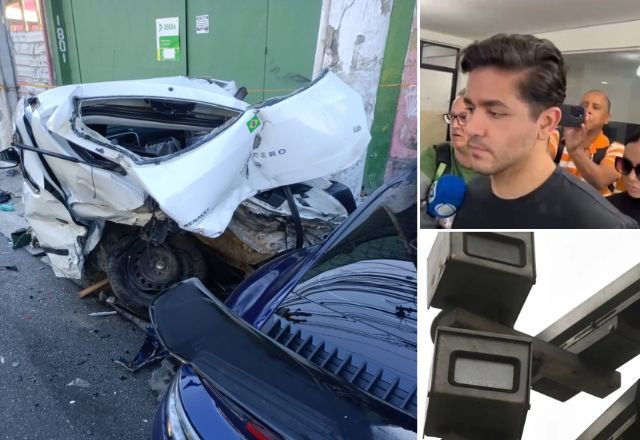 Montagem com foto da batida entre os carros, do motorista do Porsche e de um radar de trânsito | Reprodução/SBT/Agência Brasil