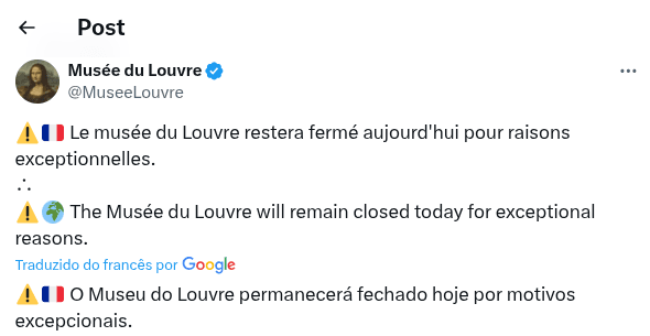 Comunicado do Museu do Louvre. | Reprodução/X