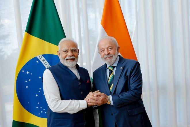 O primeiro-ministro da Índia, Narendra Modi (à esquerda), e o presidente Lula (à direita) durante encontro em julho de 2025 | Ricardo Stuckert/PR