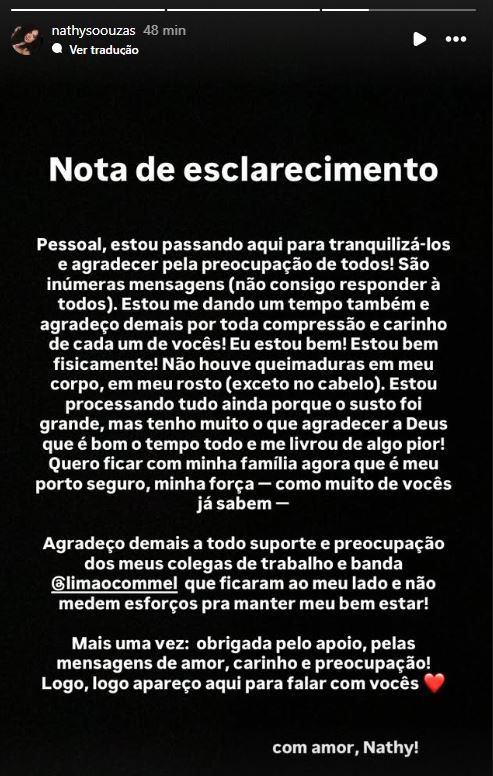 Cantora atingida pelo fogo via Instagram | Reprodução