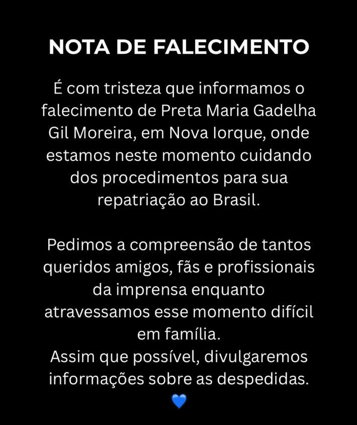 Gilberto Gil publicou nota sobre a morte da filha, Preta, no Instagram | Reprodução