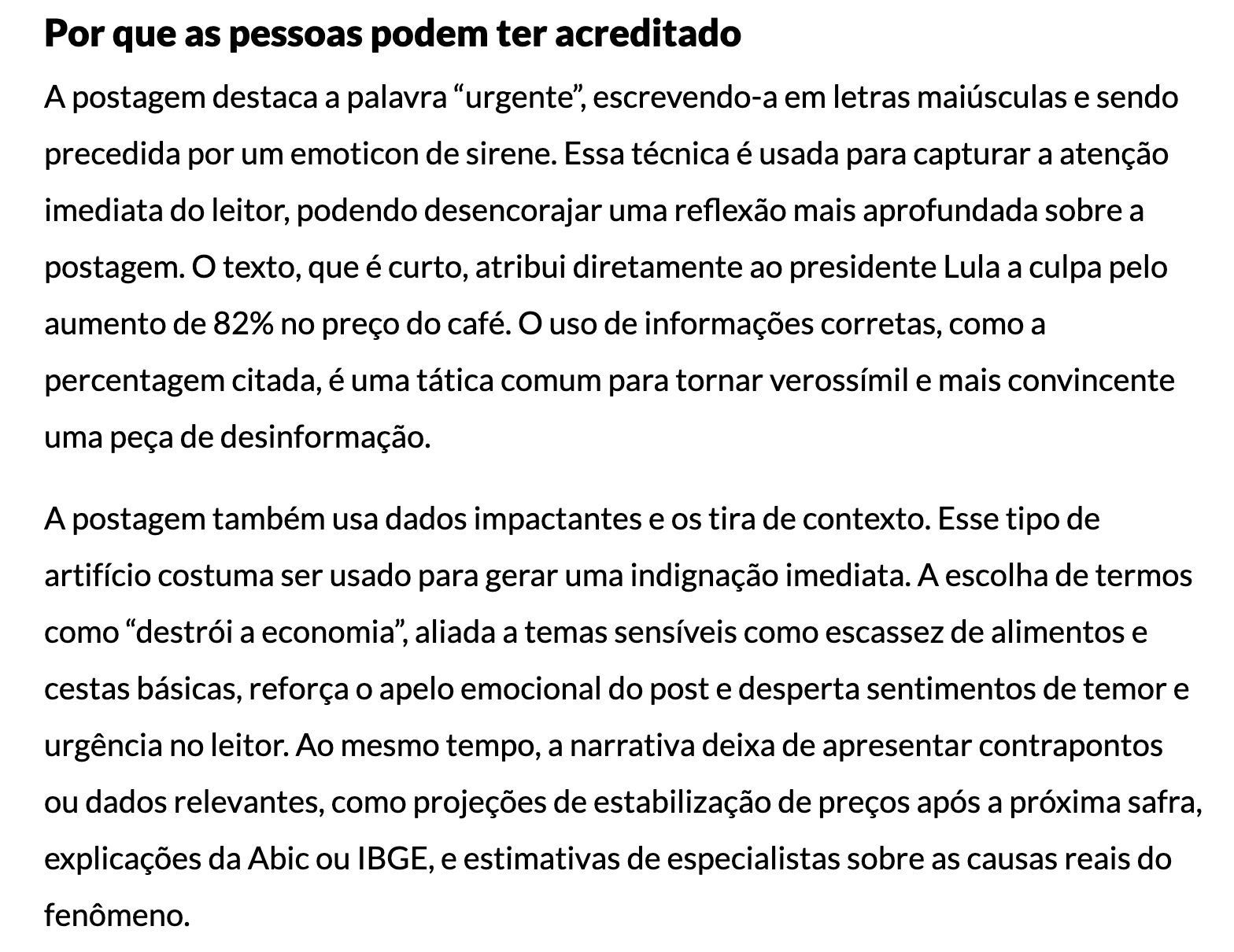 Exemplo da descrição das táticas usadas por desinformadores para tornar suas publicações convincentes | Reprodução/Comprova