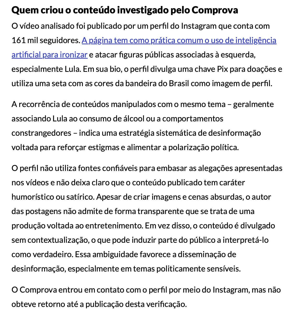 Exemplo da descrição do criador do conteúdo investigado e seu contexto | Reprodução/Comprova