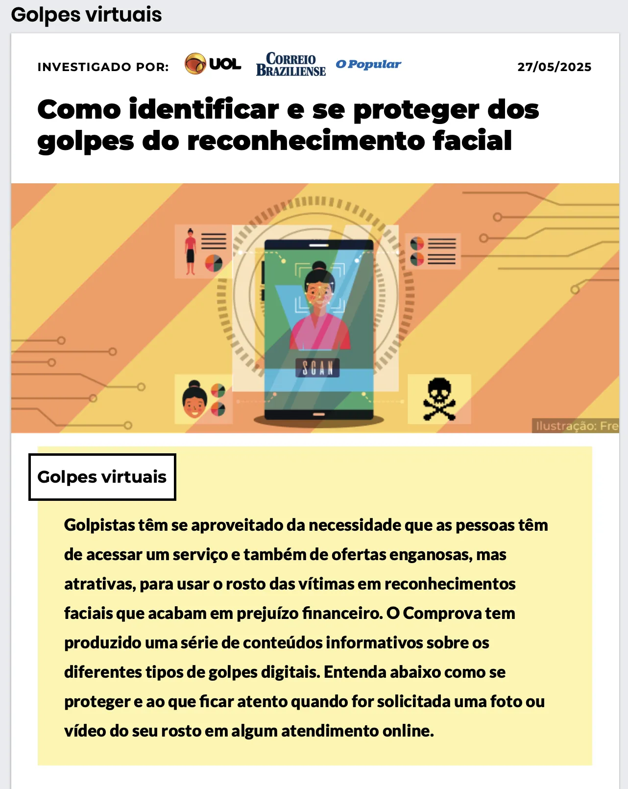 Exemplo de verificação de golpes virtuais feita pelo Comprova | Reprodução/Comprova